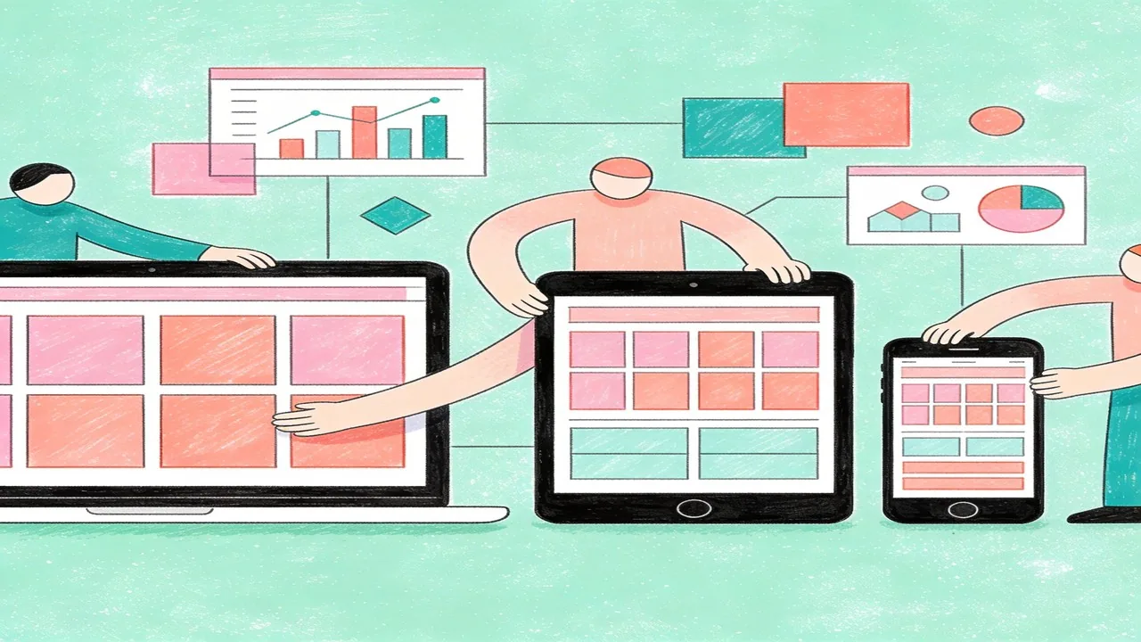 Grid systems adapting responsively across laptop, tablet, and phone devices showing proper responsive design implementation