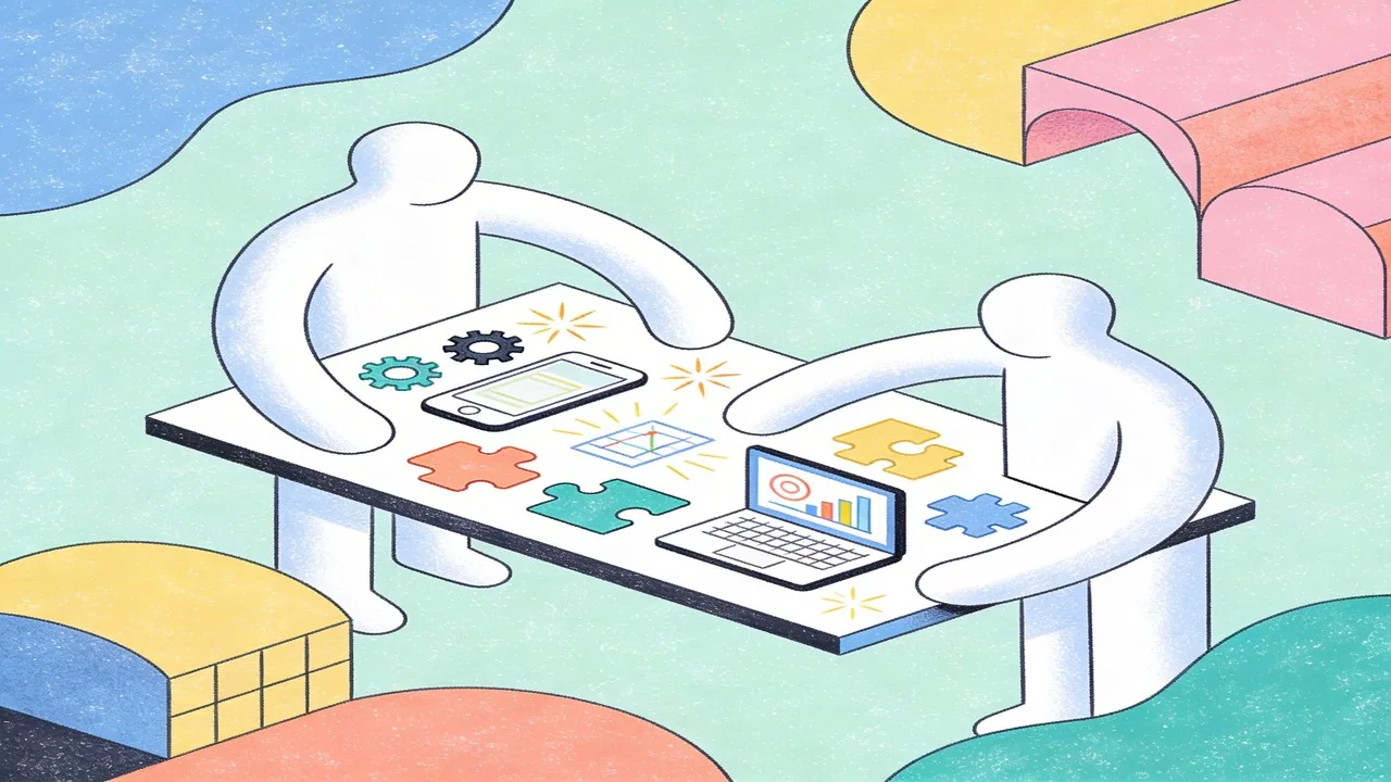 Abstract figures using various digital tools to master AI prototyping for web and mobile apps.